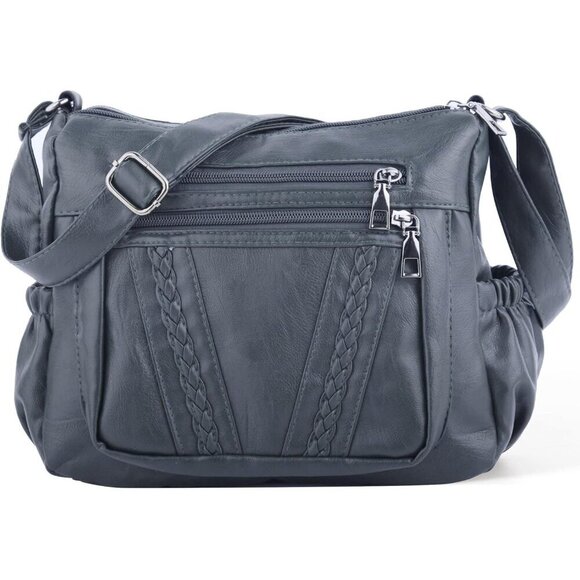 Handbags - Women's Grey PU Leather Cross body Bag - Multi-Pocket Shoulder Purse